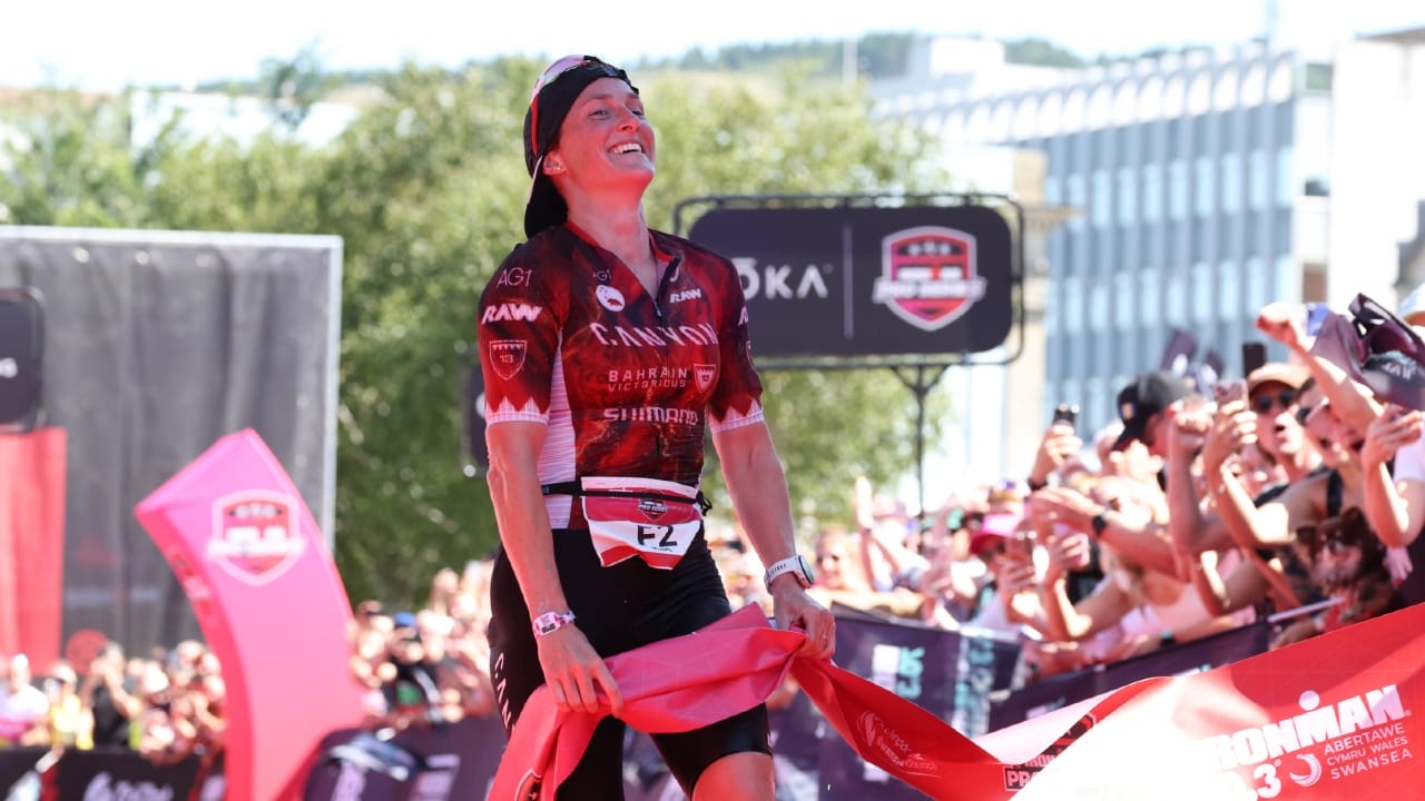 Kat Matthews wins IRONMAN 703 Swansea 2025 finish line