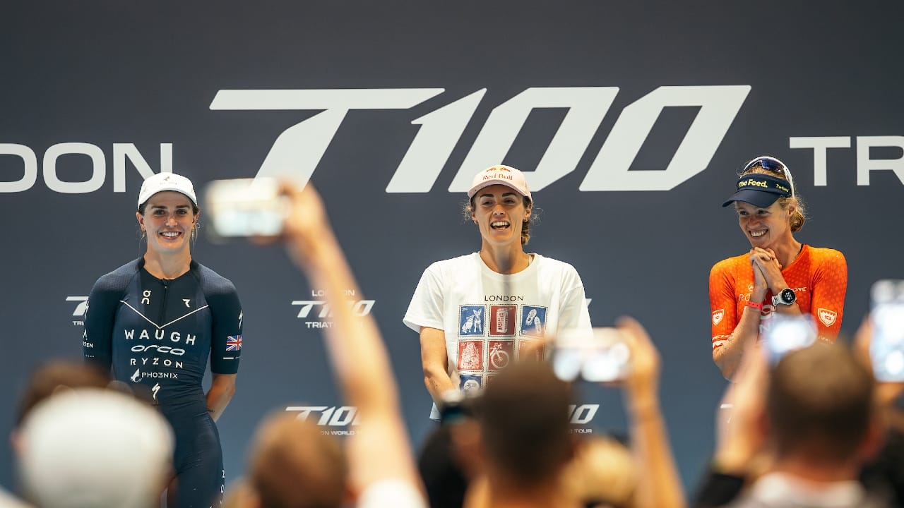 Kate Waugh Lucy Charles Barclay Taylor Knibb on London T100 podium 2025