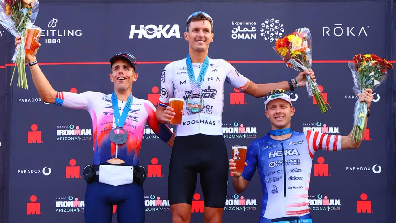 Menno Koolhaas (NDL) wins the IRONMAN Arizona, ahead of American pair Sam Long, left, and Ben Kanute.