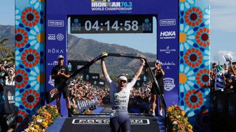 Lucy Charles Barclay wins IRONMAN 70.3 Worlds Marbella 2025 finish line